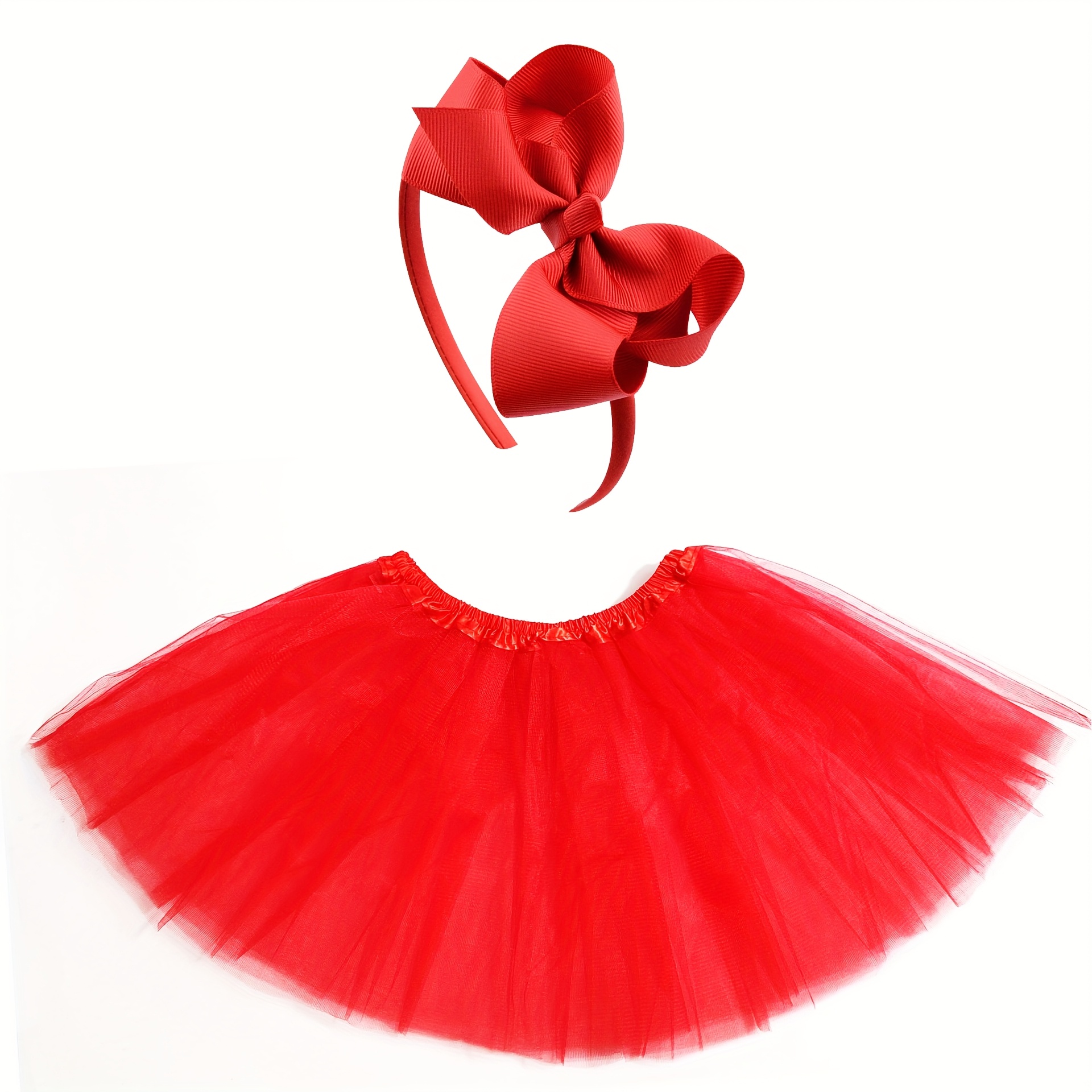 Image of Girls' Bow Headband And 2pcs Skirt Set, 30cm Tutu Skirt With Elastic Waist, Mesh Flared Tutu For Ballet Dance Performances, , Parties, Birthday Celebrations, And Festive Occasions