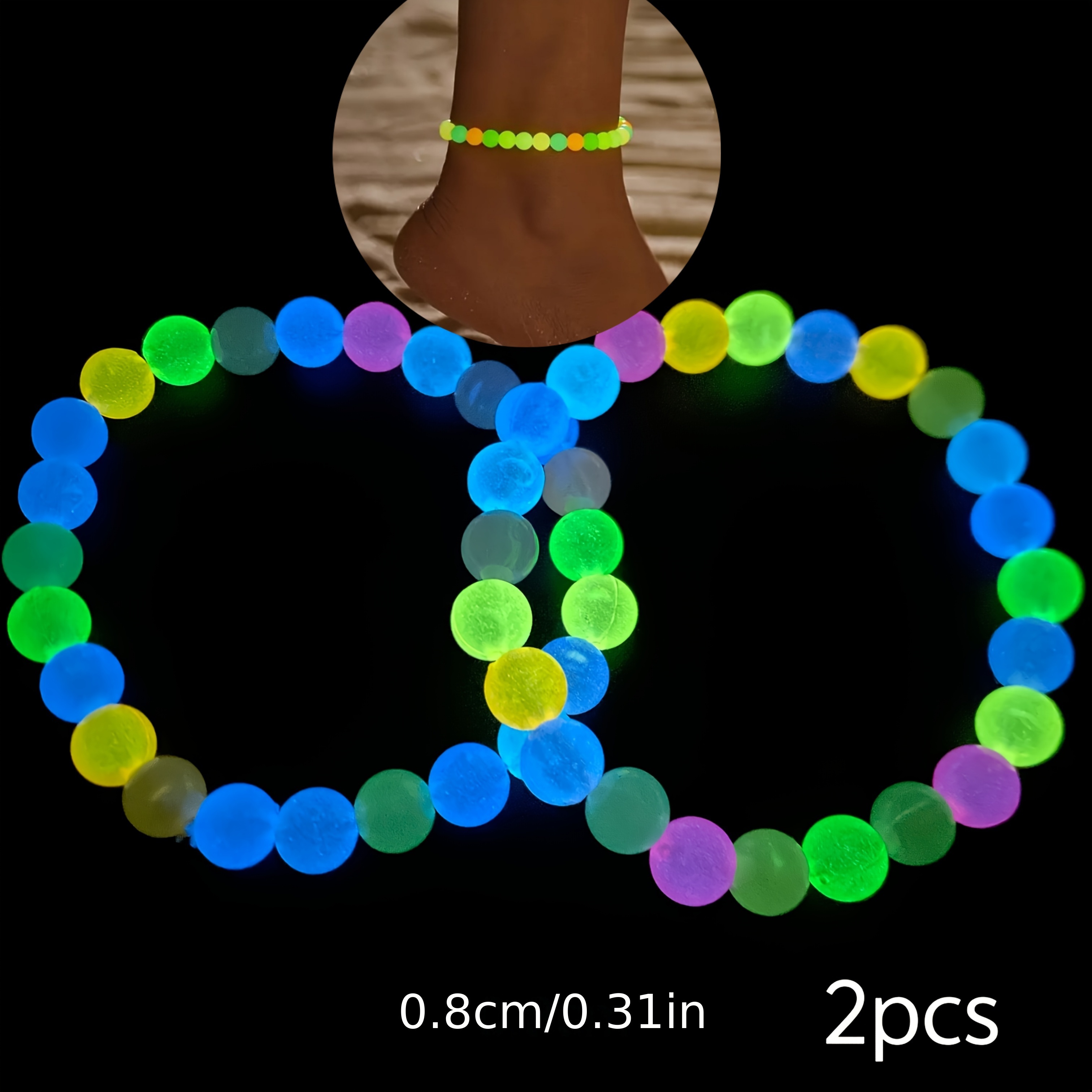 2pcs Women's -the-dark Acrylic Bead Ankle Bracelets - Bohemian Style Multicolor Gradient Non-toxic Jewelry For Casual Attire, Valentine's Day Gifts