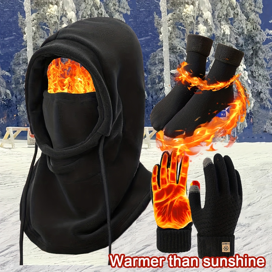 3pcs Winter Hat Hood Scarf Gloves Warm Socks Set