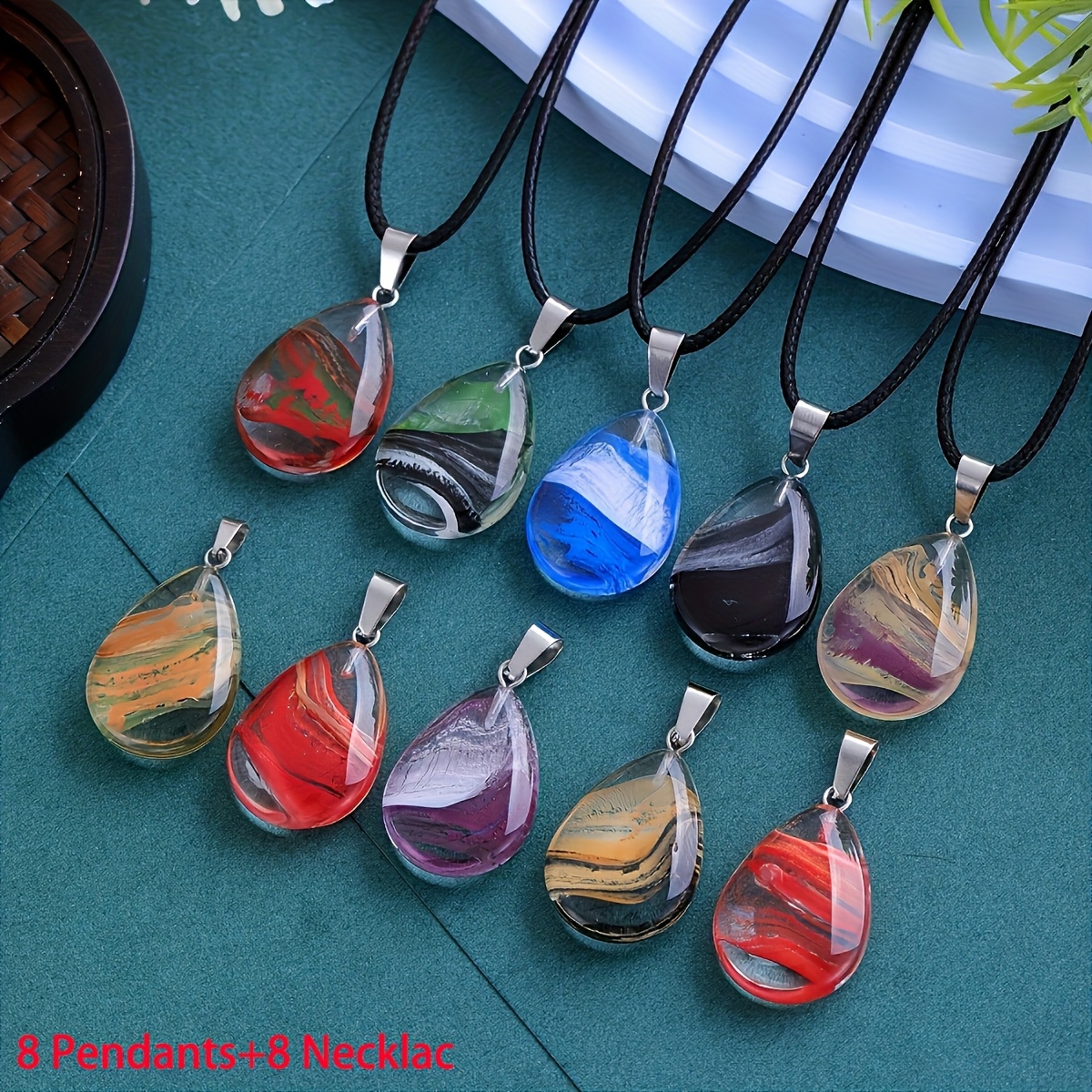 Image of Set Of 16 -flower Glass Teardrop Pendants, Colorful Teardrop Charms, With Adjustable Necklace Cord, Ideal For Diy Necklace Jewelry Making, - 8 Pendants + 8 Chains