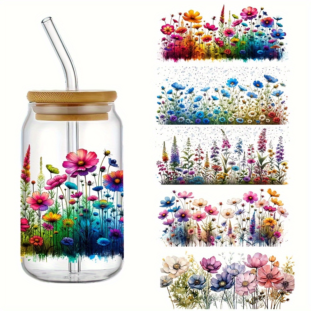 

Bwart 5pcs Wildflowers Uv Dtf Transfer Sticker, Watercolor Floral Diy Wrap Sticker For 16oz Glass Bottle, Waterproof Self-adhesive Sticker For Crafts, Furnitures, Color, Single Use