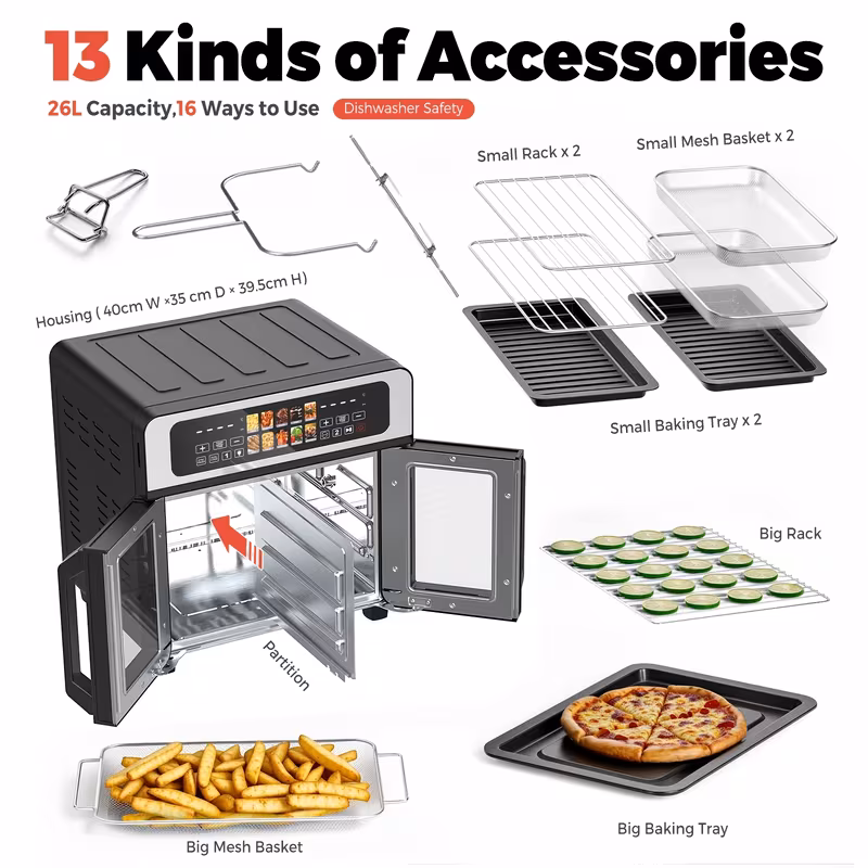 27 5qt large french door air fryer toaster oven combo suitable for convection oven with smart rotisserie dehydrator rotating oven dehydrator function independent dual fans sync mode led touchscreen plug details 0