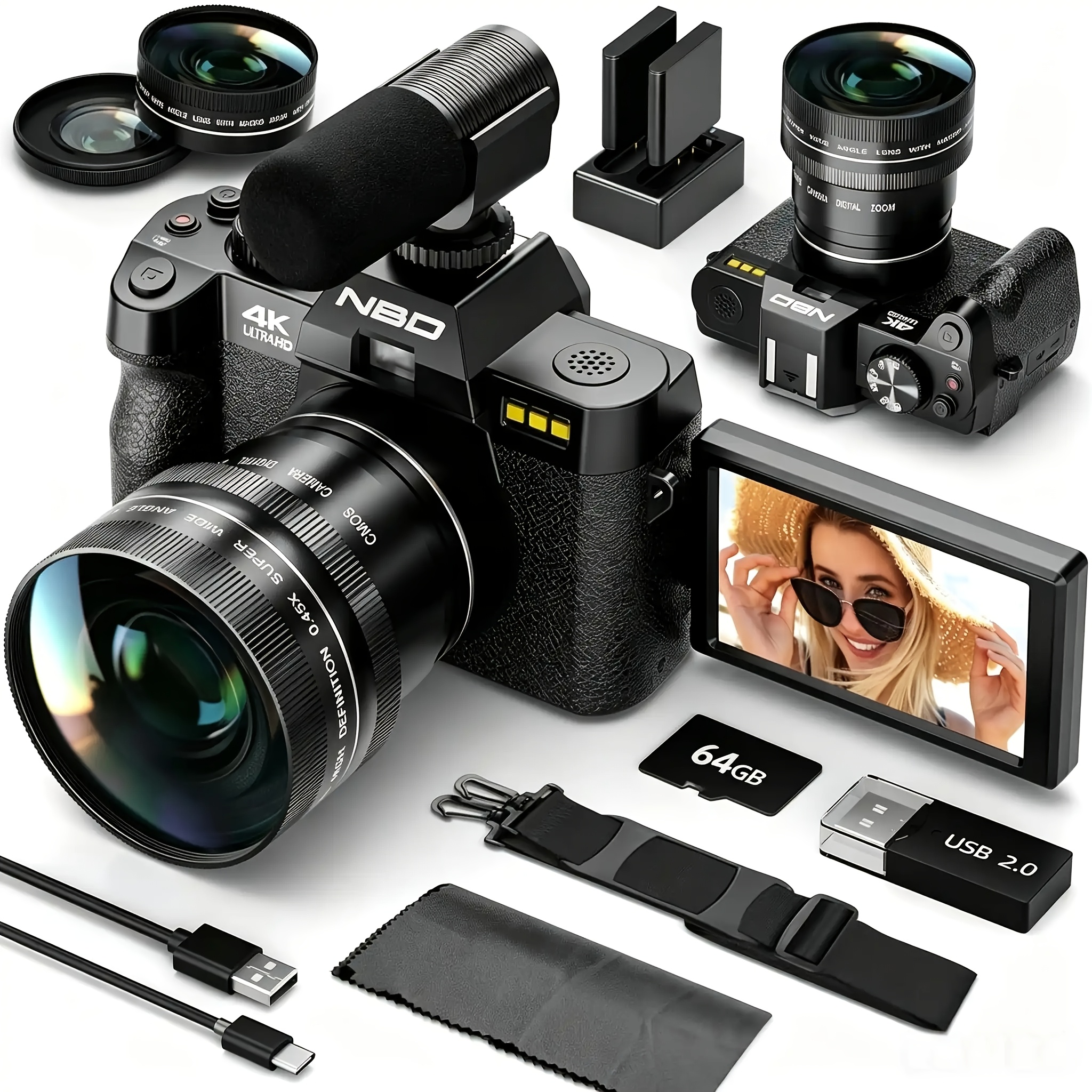 TEMU Nbd 4k Digital Camera 48mp With Auto Focus & 16x Zoom, 3 Inch 180° , Wifi - Includes Wide Angle/macro Lens + 2 Batteries + 1tf Card.