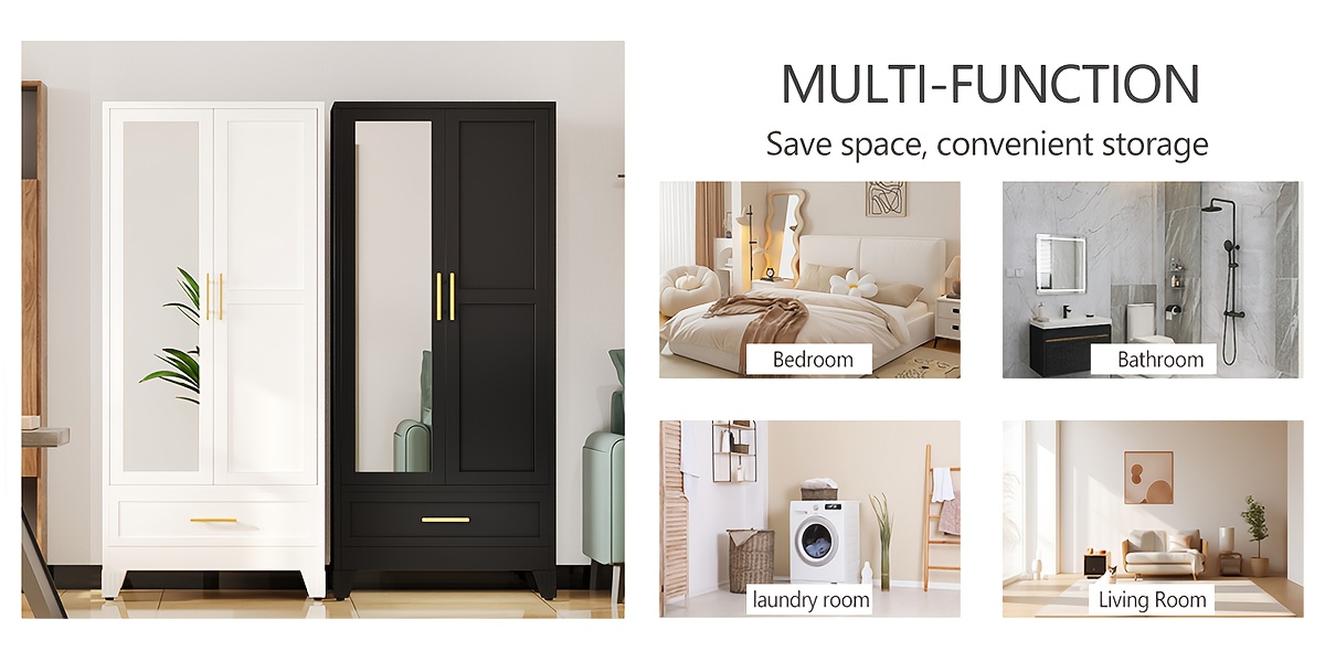 Bedroom with Mirror Wardrobe, 71 Inch High Wardrobe with Drawers, Clothing Storage Cabinet with Adjustable Shelves And Hangers