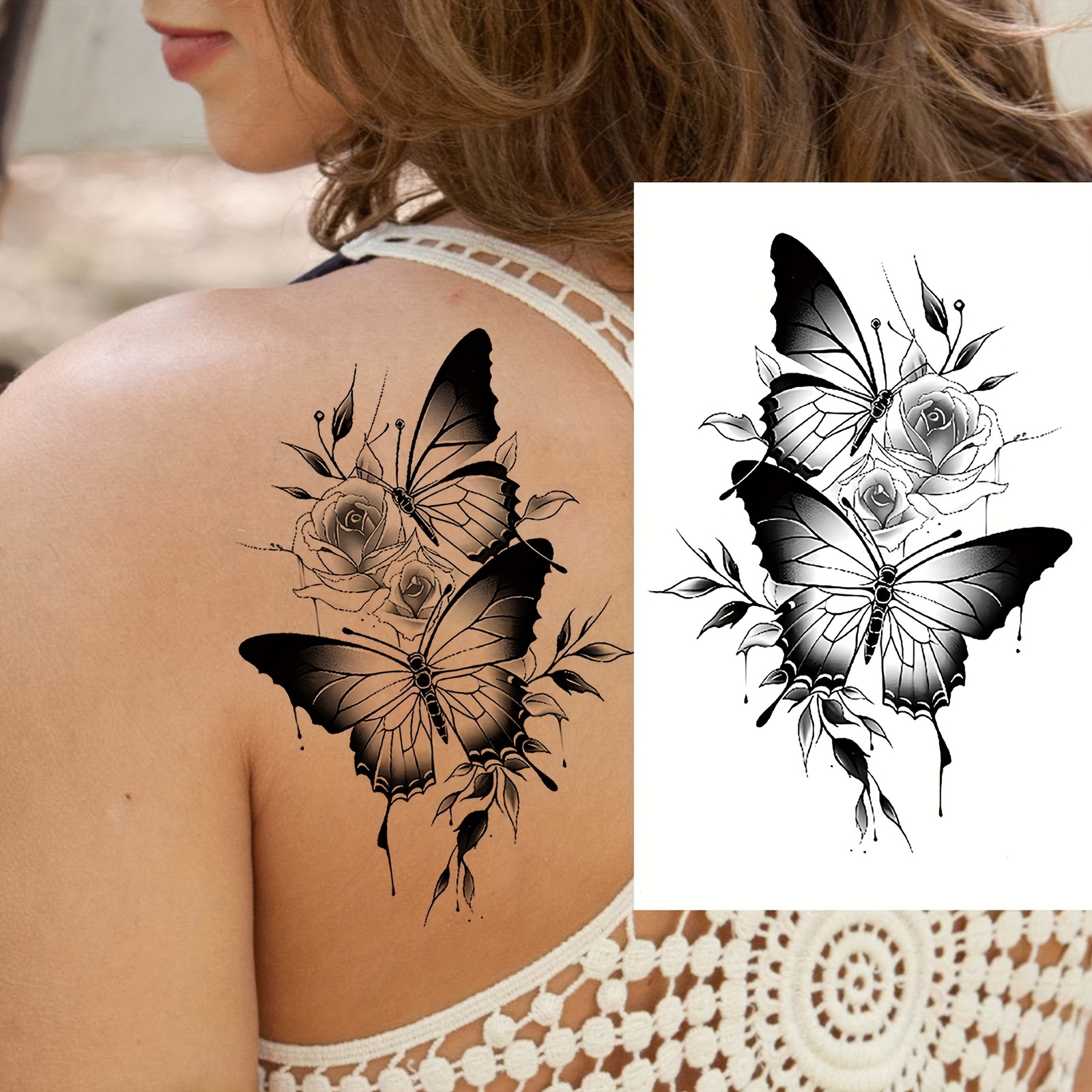 1张蝴蝶玫瑰花牡丹花女士临时纹身男士成人手臂大腿前臂防水持久逼真假纹身贴纸| temu Temu, image size:1600x1600