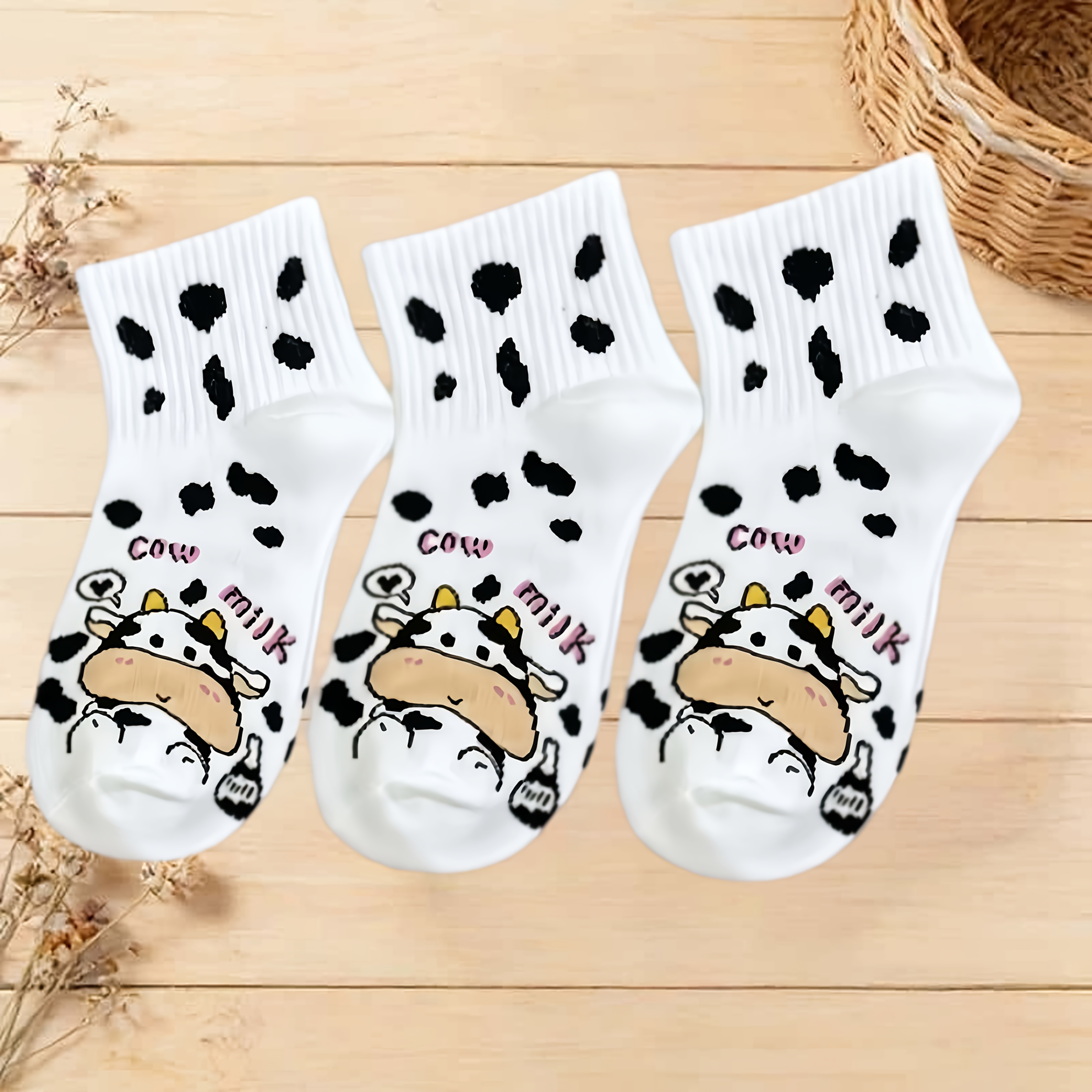 TEMU 3 Pairs Women' & Suitable For / Cow Print Low-cut Boat Socks - Breathable Short Ankle Socks With Cow Patterns, Lightweight Travel Essentials