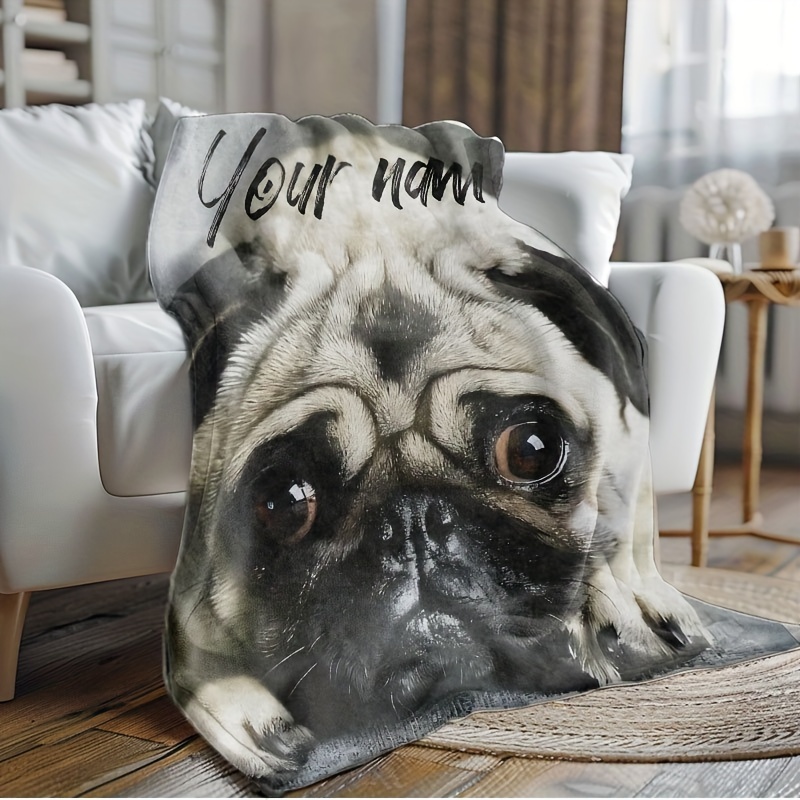 

Customizable Pug Dog Flannel Throw Blanket - , Warm Fleece With Personalized Name Option For Couch & Bed Comfort