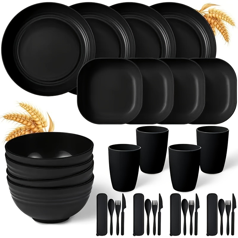 TEMU 32pcs Dinnerware Sets Unbreakable Plates And Bowls Microwave Safe Plastic Lightweight Knives Forks Spoons For Kitchen Outdoor Camping Party (black)