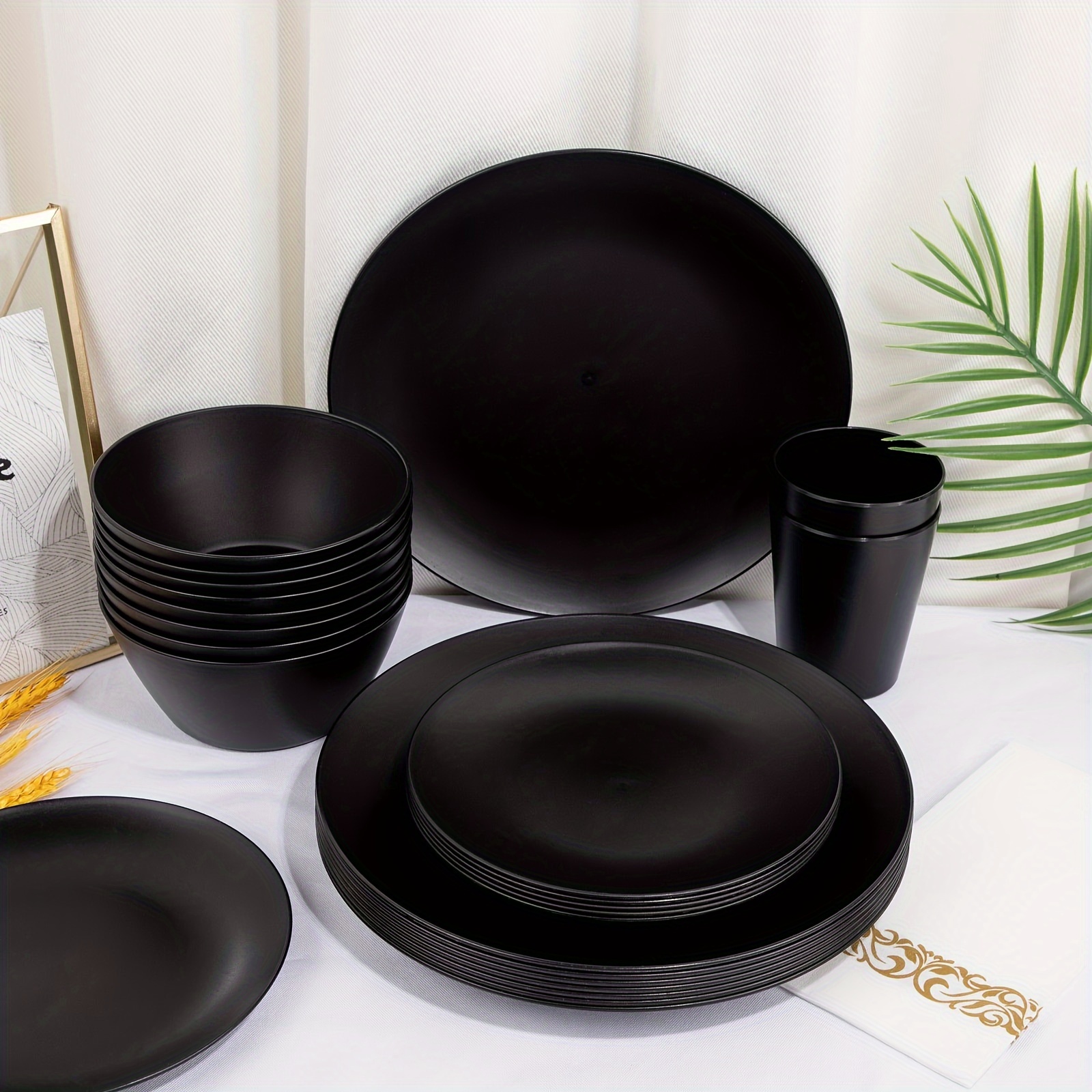 

32pcs Black Wheat Straw Dinnerware Sets With 25pcs Linen Napkins, Plates And Bowls Sets For 8, Black Plastic Dinnerware Sets, Microwave Dishwasher Safe Plates, Dishes Set For 8 For Halloween