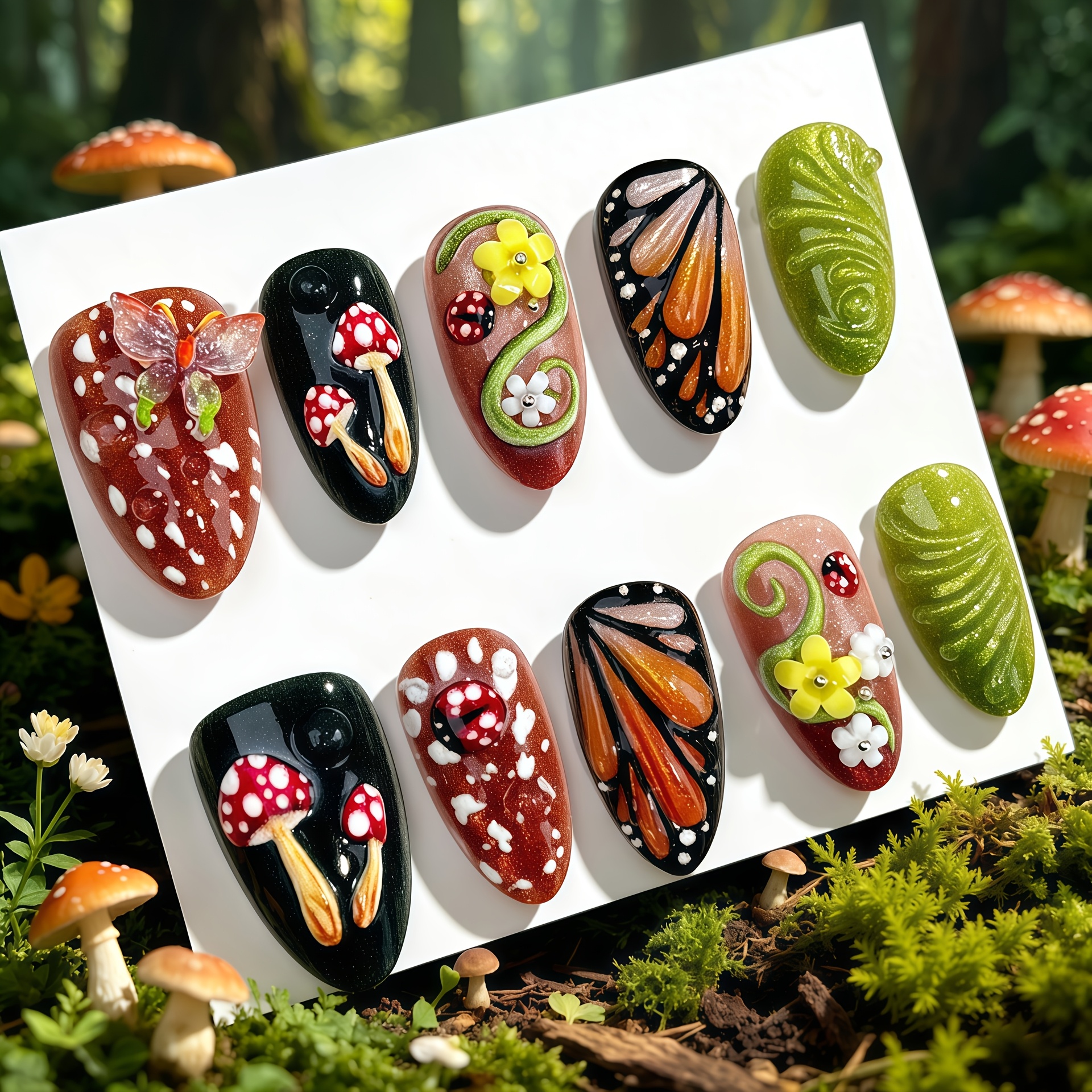 TEMU Danartlux 10pcs Medium Long Almond Fake Nails, 3d Mushroom Flower Vine Press-on Nails, Forest Nail Tips, Whimsical Cottagecore Set For Women,