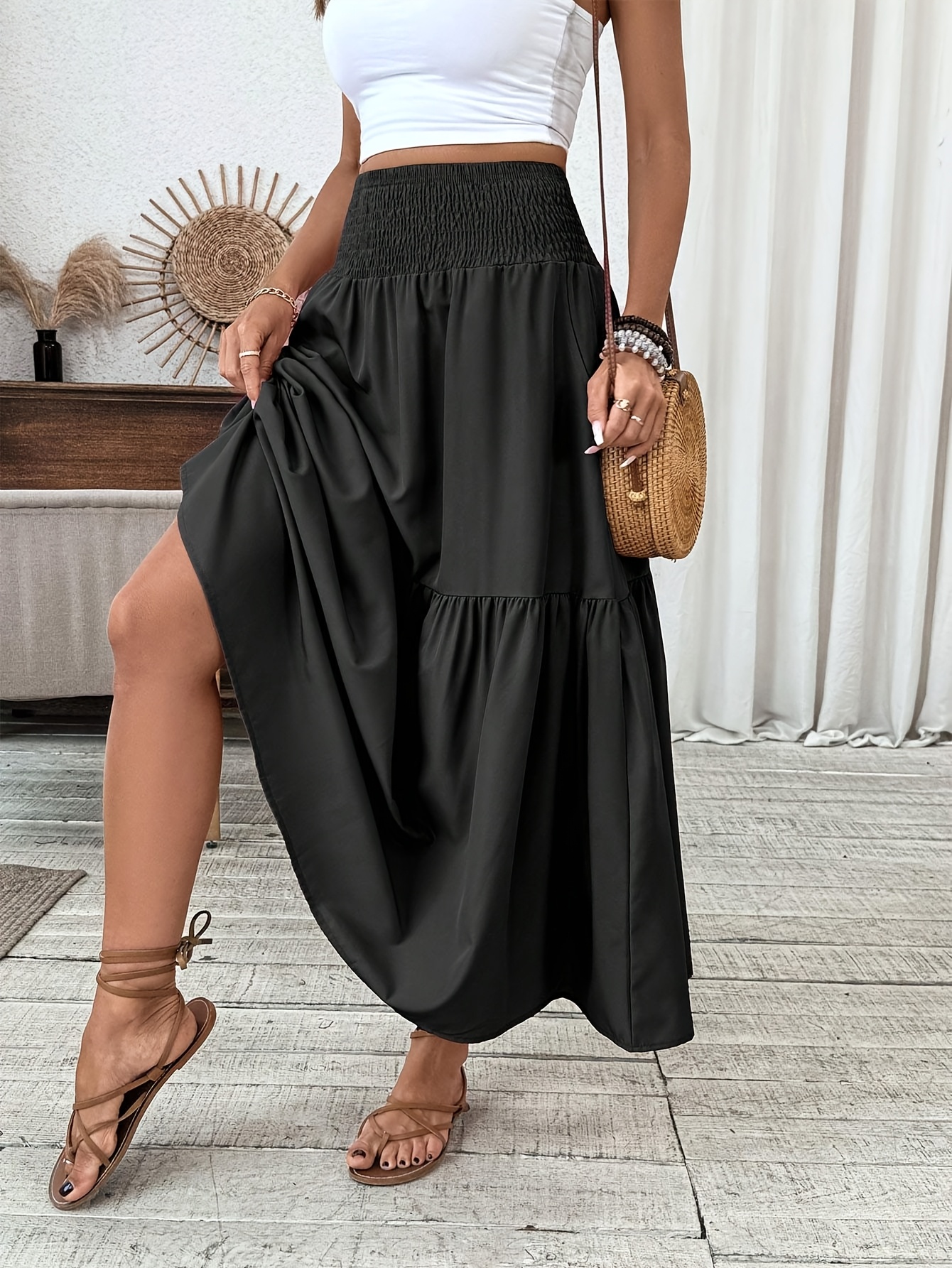 Women's Black Smocked Waist Tiered Maxi Skirt Loose Fit Flared Hem Beach  Vacation Skirt, Machine Washable Spring Summer Fall Casual Elegant Solid Co