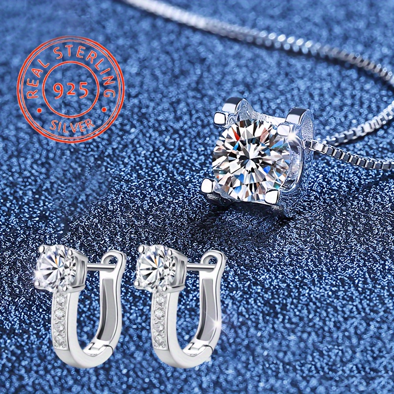 TEMU 2pcs Containing 1 Pair Of Earrings + 1 Pendant Necklace, Intricately Carved 925 Sterling Silvery Moissanite Birthday Girlfriend Gift Party, Suitable For Daily Wear And Gifts For