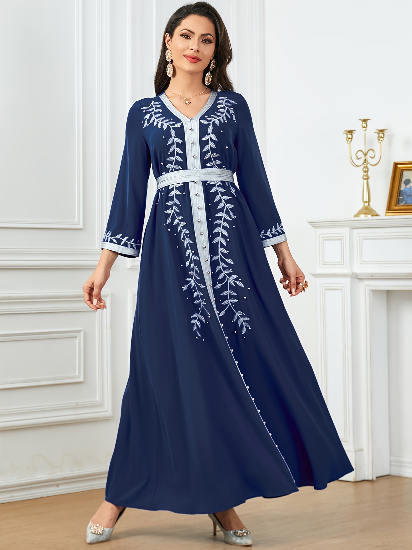 elegant embroidered beaded long sleeve maxi dress tie waist - Temu United  Arab Emirates