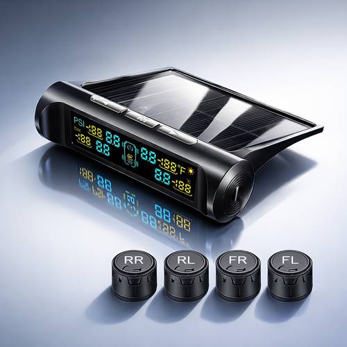 imagen del artículo de monitoreo de presión de neumáticos, tpms sensor solar para neumáticos, juego de 4 sensores inalámbricos con pantalla lcd, detección real para rv y remolque