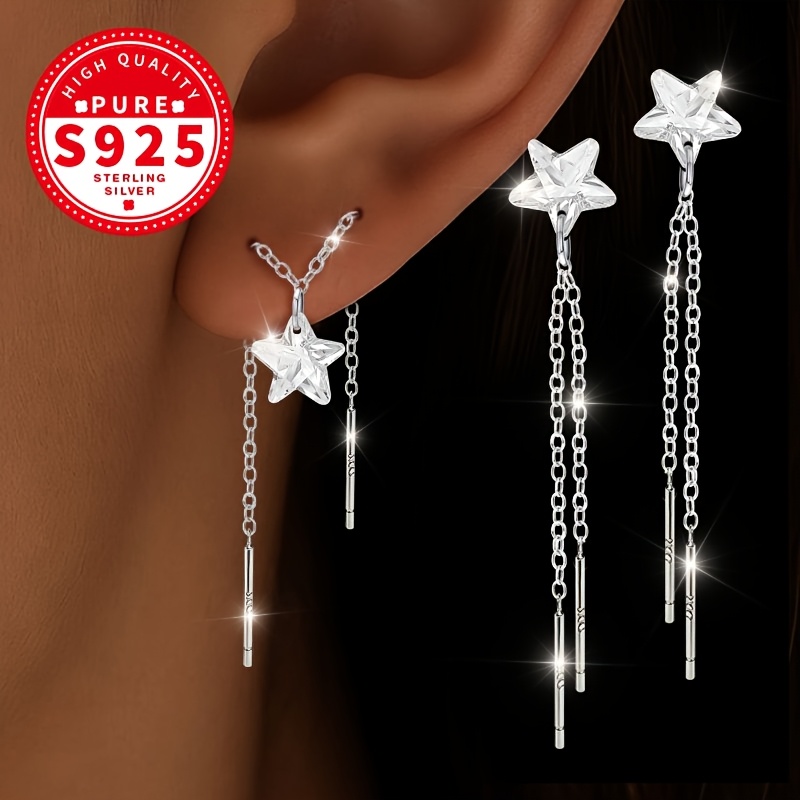 TEMU Une paire de clous d'oreilles à fils d'oreille à double chaîne en argent pour femme, avec , présentant un design tendance et avec de longues