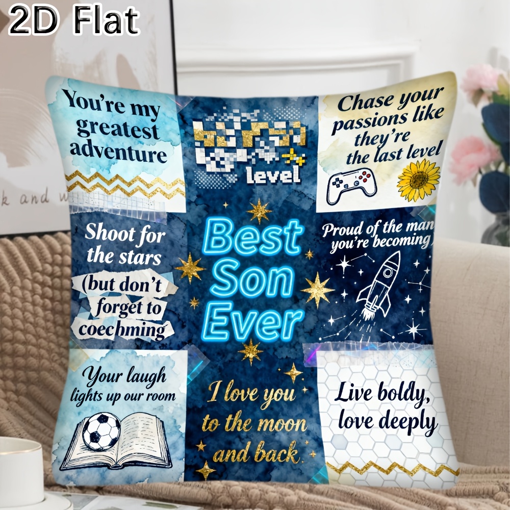 TEMU 2d Flat - 1pc 2d Flat Pillow Cover With Inspirational Quotes For Son Best Son Ever, Game Controller, Rocket, Soccer And Book Patterns, Starry ,