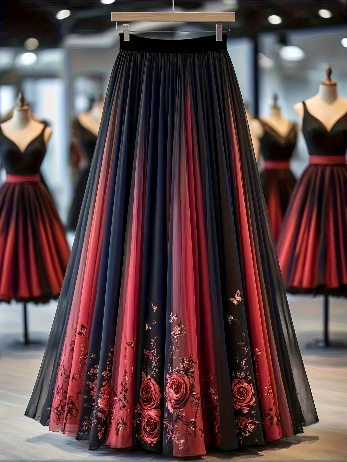 Retro French High-End Printed Long Dress, Rose Mesh Printed Skirt, Miss