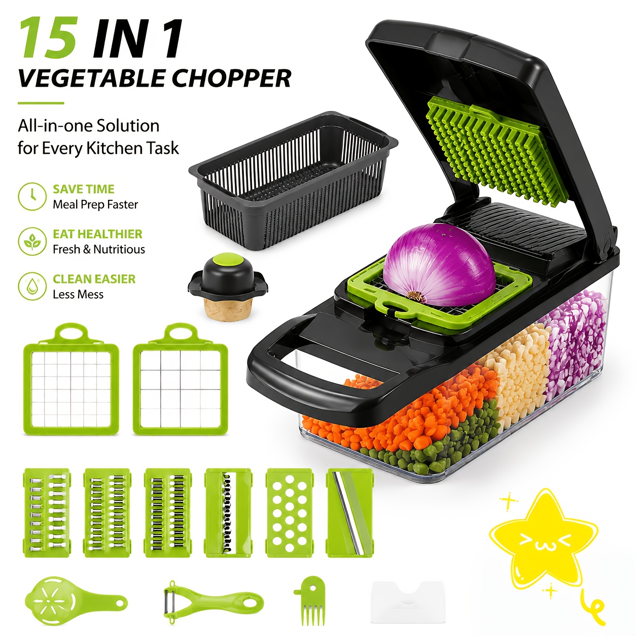 TEMU Coupe-légumes multifonctionnel 15-en-1 avec récipient, outil de préparation avec lames remplaçables, trancheuse, découpeuse, hachoir manuel pour