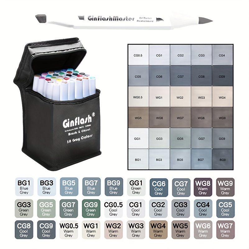 

Ginflash 30 Gray Tone Brush And Chisel Art Markers - Dual Tipped, Based, Suitable For Painting And Sketching On Paperboard