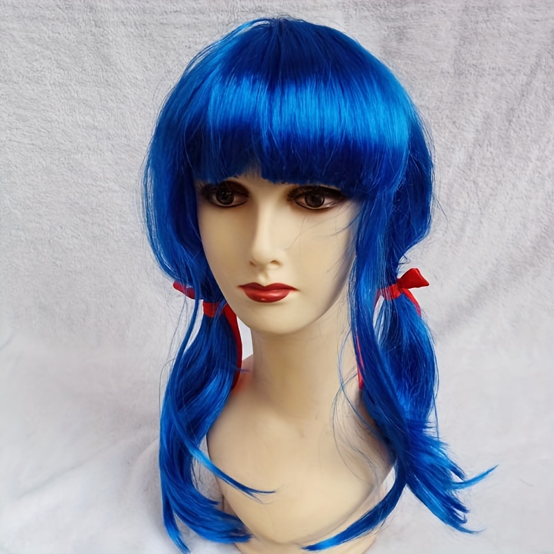 TEMU Chic Blue Ladybug Cosplay Wig With Dual Ponytails - Straight Synthetic Hair, Halloween & Costume Parties