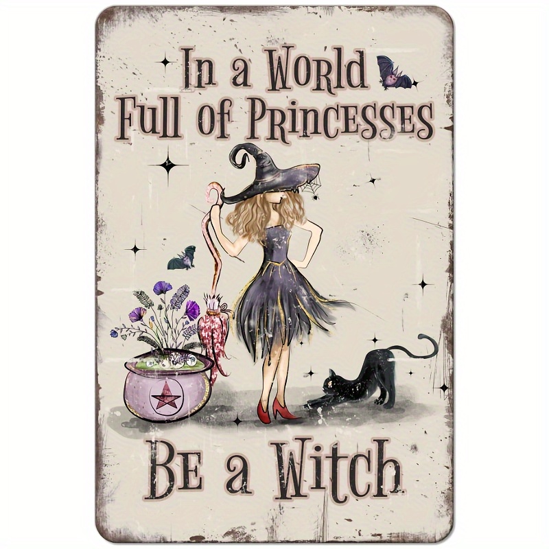 

magical" Witchy Halloween Decor - 8x12" Aluminum Sign With Witch, Cauldron & Black Cat Design