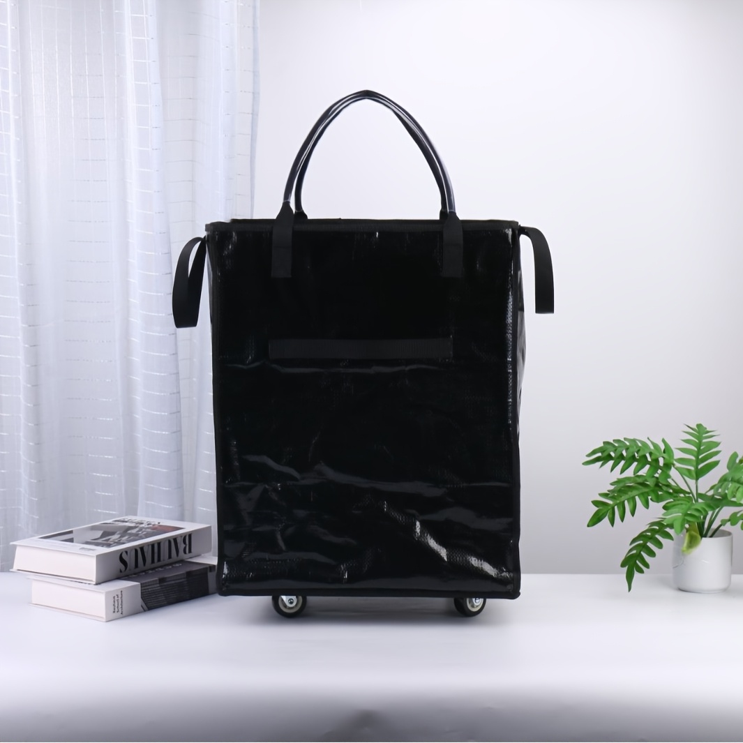 TEMU Collapsible Wheeled Tote Bag Medium Black Golden Silvery Zipper Outdoor Luggage