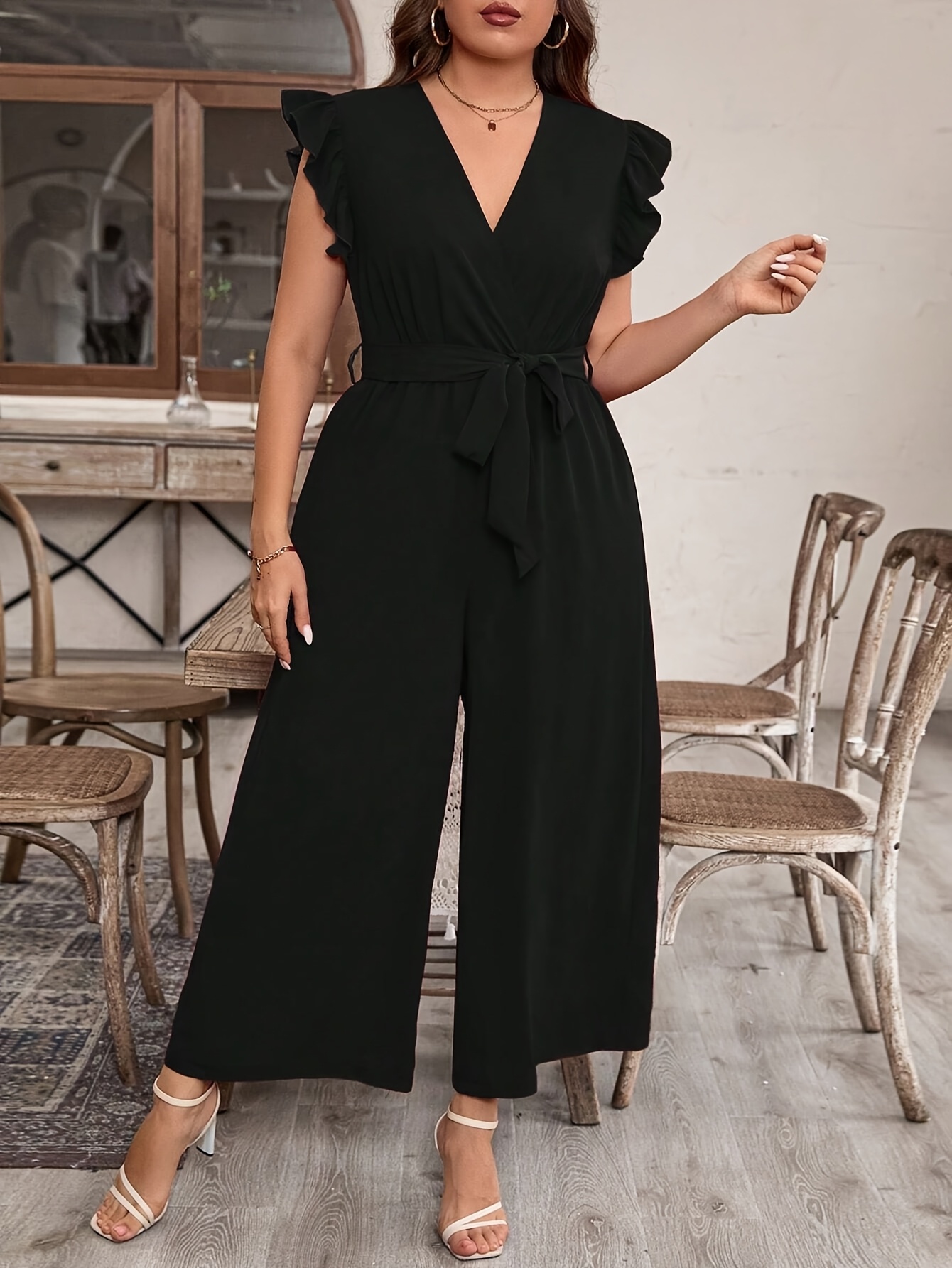 Color: Black Ruffle and Belt Solid Color V-Neck Bodysuit