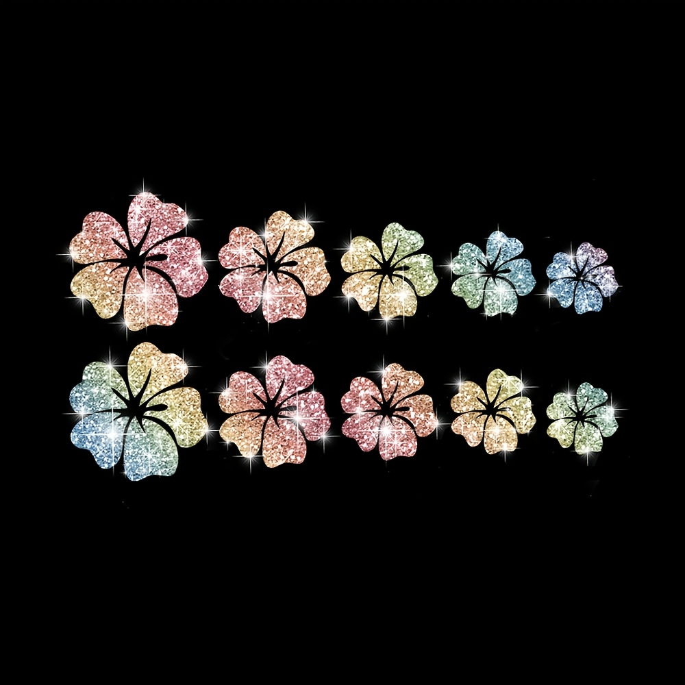 Image of A Set Of 10 Sparkling Flower Car Stickers Made Of Shiny Reflective Vinyl, Suitable For Decorating Car Bodies, Bumpers, And Windows