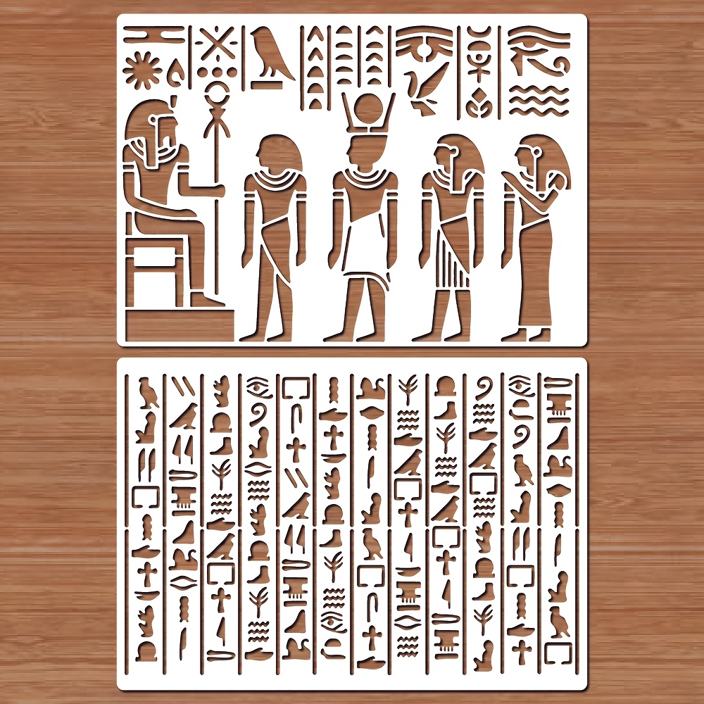 TEMU 2 Stück ägyptische Stencils wiederverwendbar, A4 ägyptische Hieroglyphen-Stencils für Basteln, Ägypten-Symbole-Stencils ägyptischer