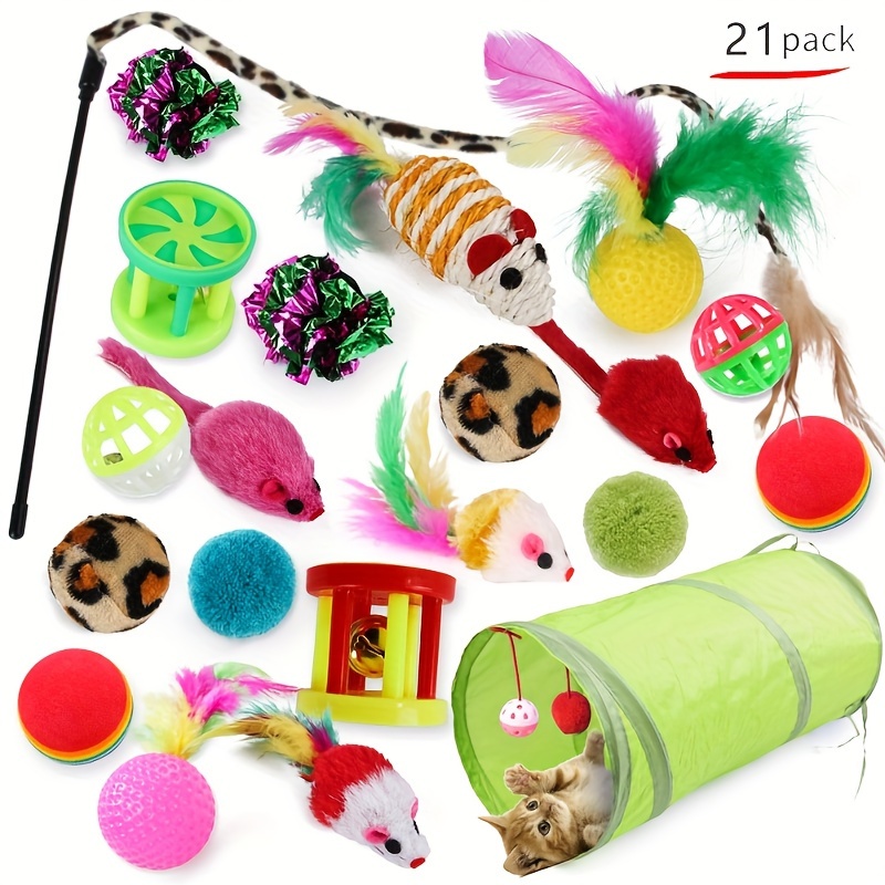 

21-piece Cat Toy Set With Collapsible Tunnel, Interactive Wand, Plush Mice, And Assorted Play Balls - Polyester Collection Without Batteries