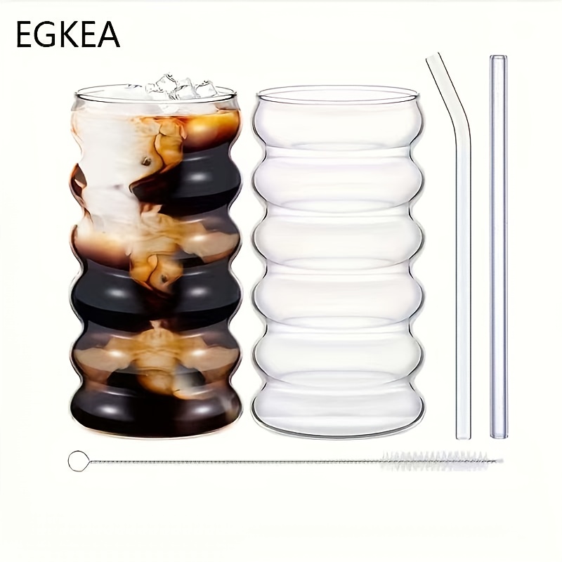 Egkea, 2pcs And 6pcs Sets, Cups With Straws, 470ml, Transparent Glass Cups With Straws, Summer Cold Drink Cups, In The Refrigerator, Wave Cups, Cylinder Cups, Glass Cups, Cups, Iced Coffee, Whiskey