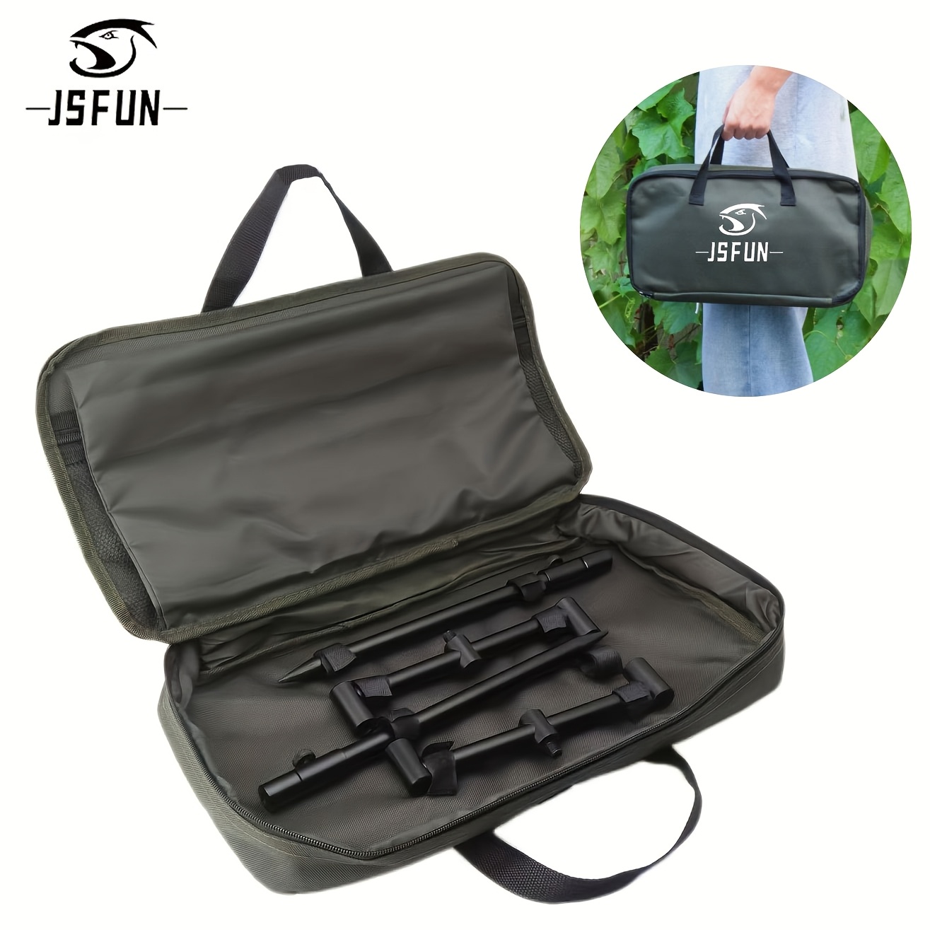 

2pcs Jsfun Fishing Rod Bracket Set - Easy , 2-in-1 Ground Insertion, Fast Extendable Design, Stainless Steel, Black - Includes Carrying Case With Shoulder Strap