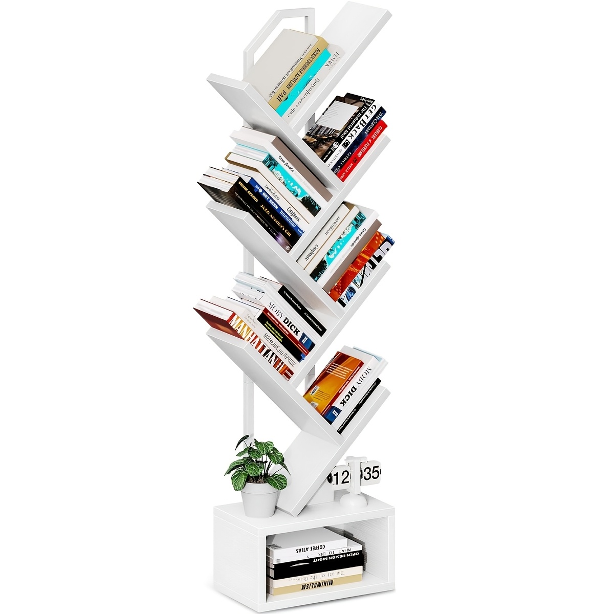 Image of Tree Bookshelf, White 6-tier Floor Standing Bookcase, Bookcases Suitable For Bedrooms And Living Rooms, Wooden Bookshelves Suitable For Bedrooms And Living Rooms