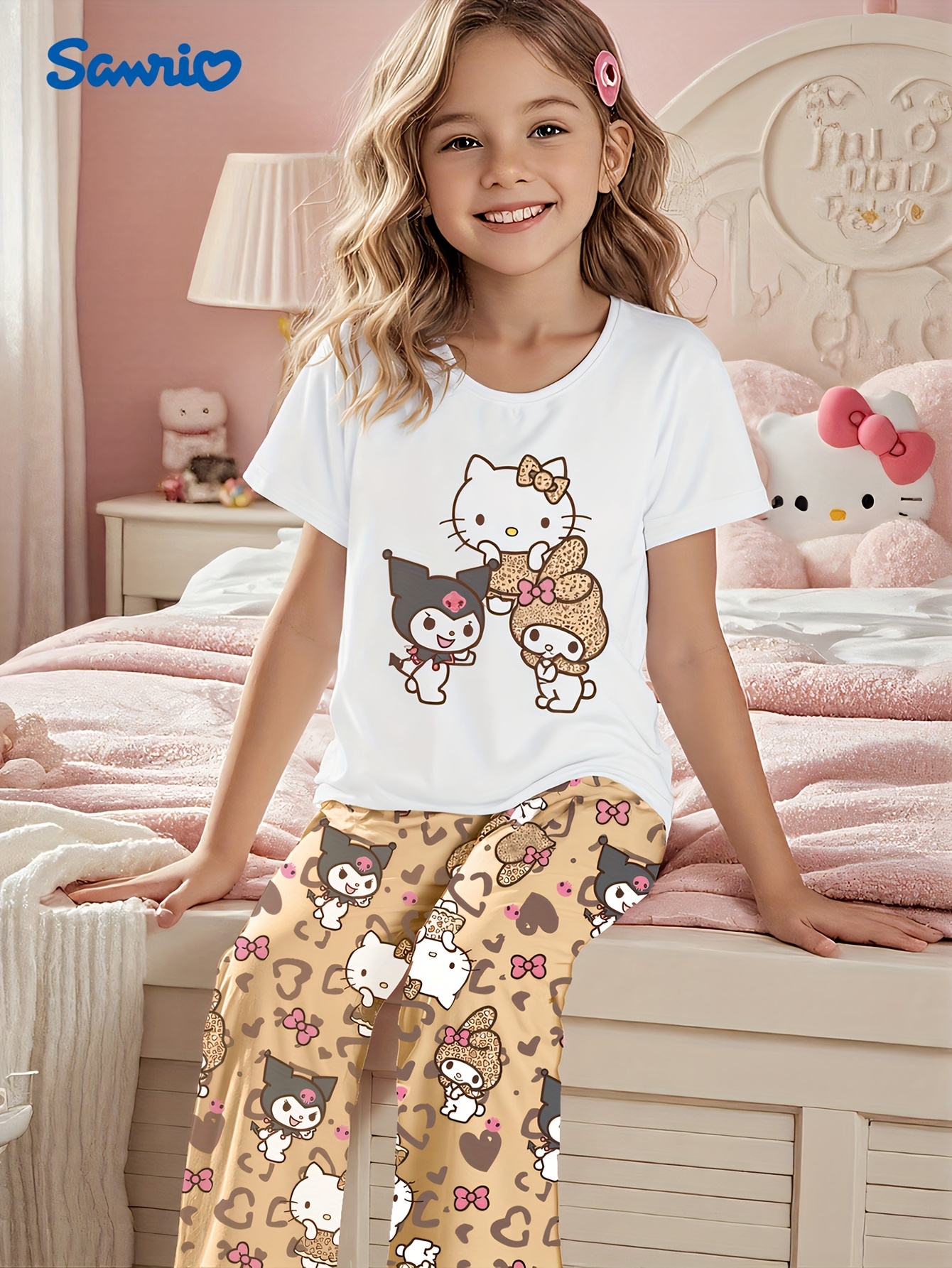 for for Girls' Pajama Set Flame Retardant Short Sleeve Top with  Bow Print Leopard Pants, Cozy Summer Sleepwear for for Sleepwear