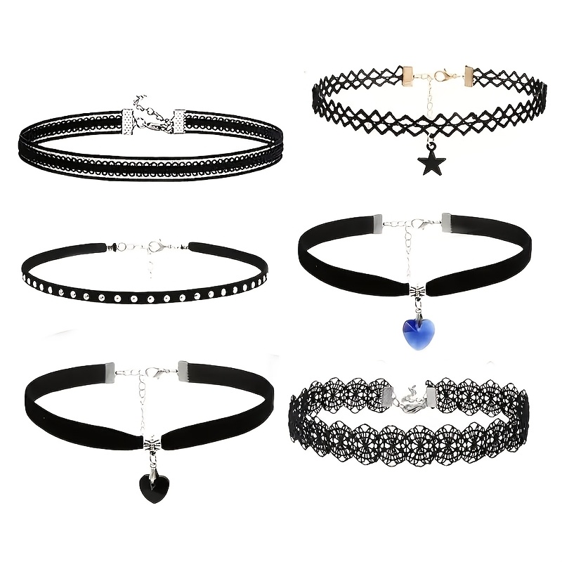 E-shop 6-teiliges Set schwarze Samt-Gothic-Anhänger-Halsketten für Damen