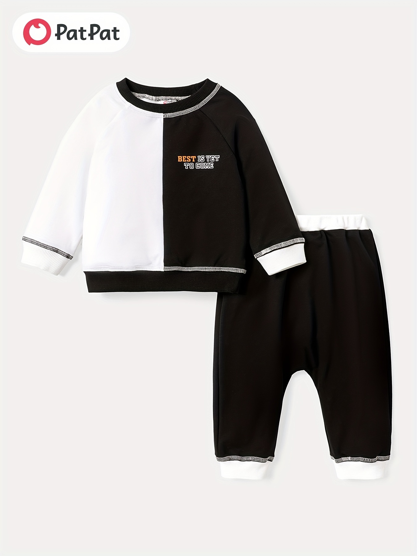 2-piece Kid Boy Colorblock Letter Embroidered Patch Raglan Sleeve Sweatshirt and Pants set