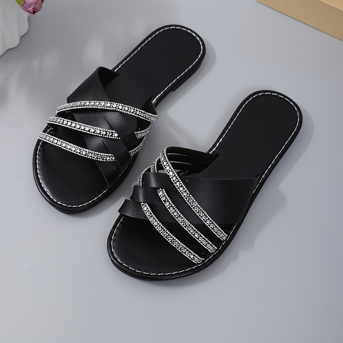 

Women's Rhinestone Decor Slide Sandals, Casual Open Toe Flat Summer Shoes, Lightweight Slide Sandals