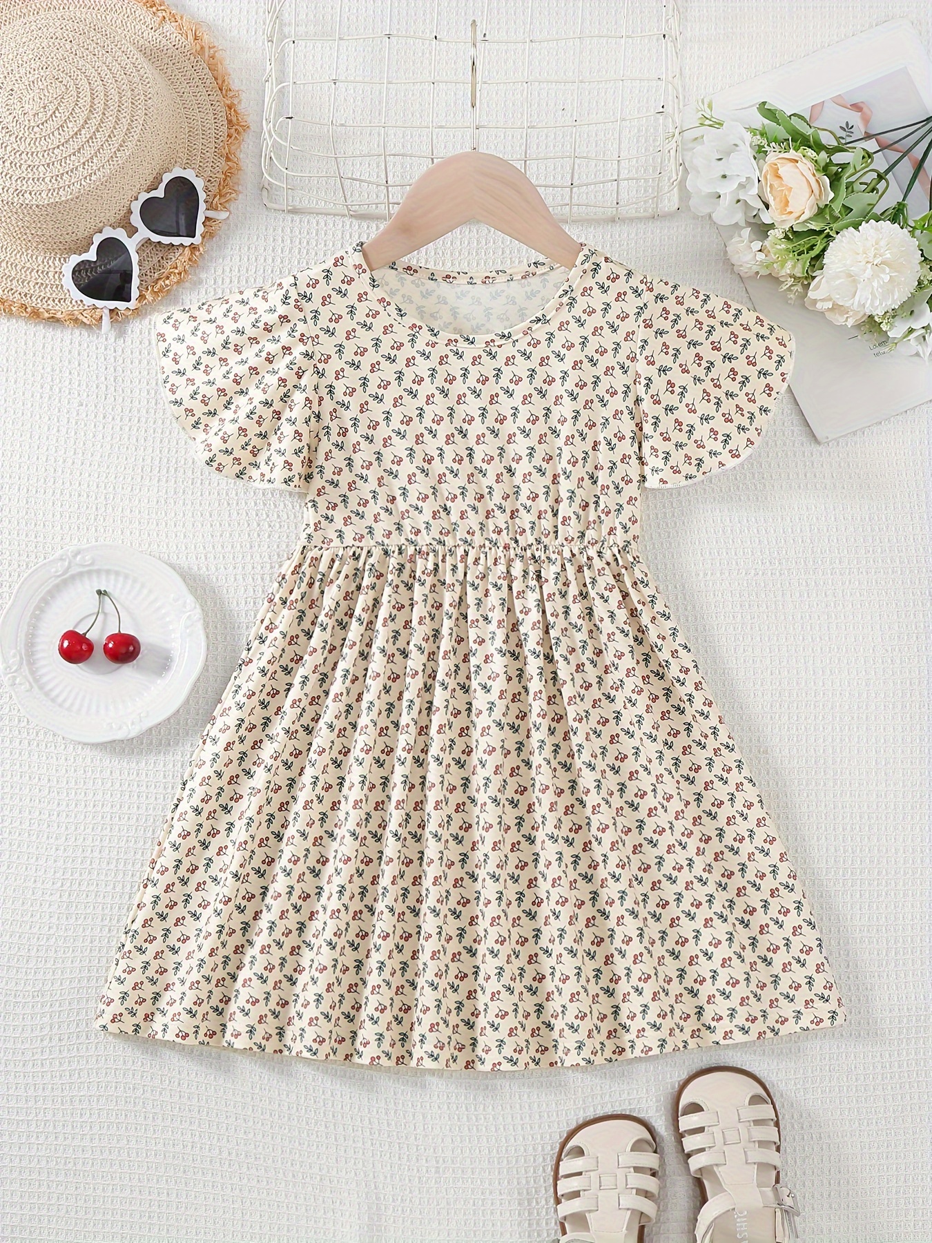 Girls Flowy Sleeve A line Casual Dress Cute Ditsy Floral - Temu Australia