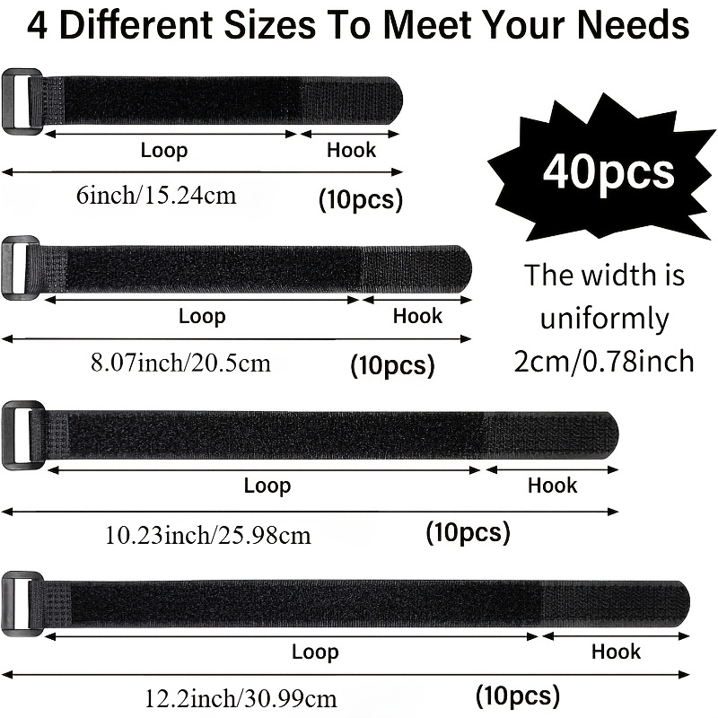 TEMU 40pcs Reusable Cable Ties With Hook-and-loop Fasteners - 4 Sizes (6/8/10/12 Inch) Hook & Loop Cord Organizers Suitable For Wire Management,