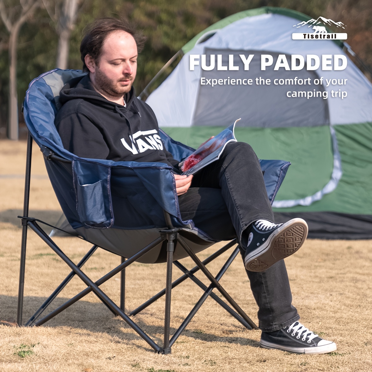 Oversized Folding Moon Saucer Chair with Cup Holder, Padded for  Camping, Lawn, Patio Navy Blue, Supports 500lbs Carry Ba