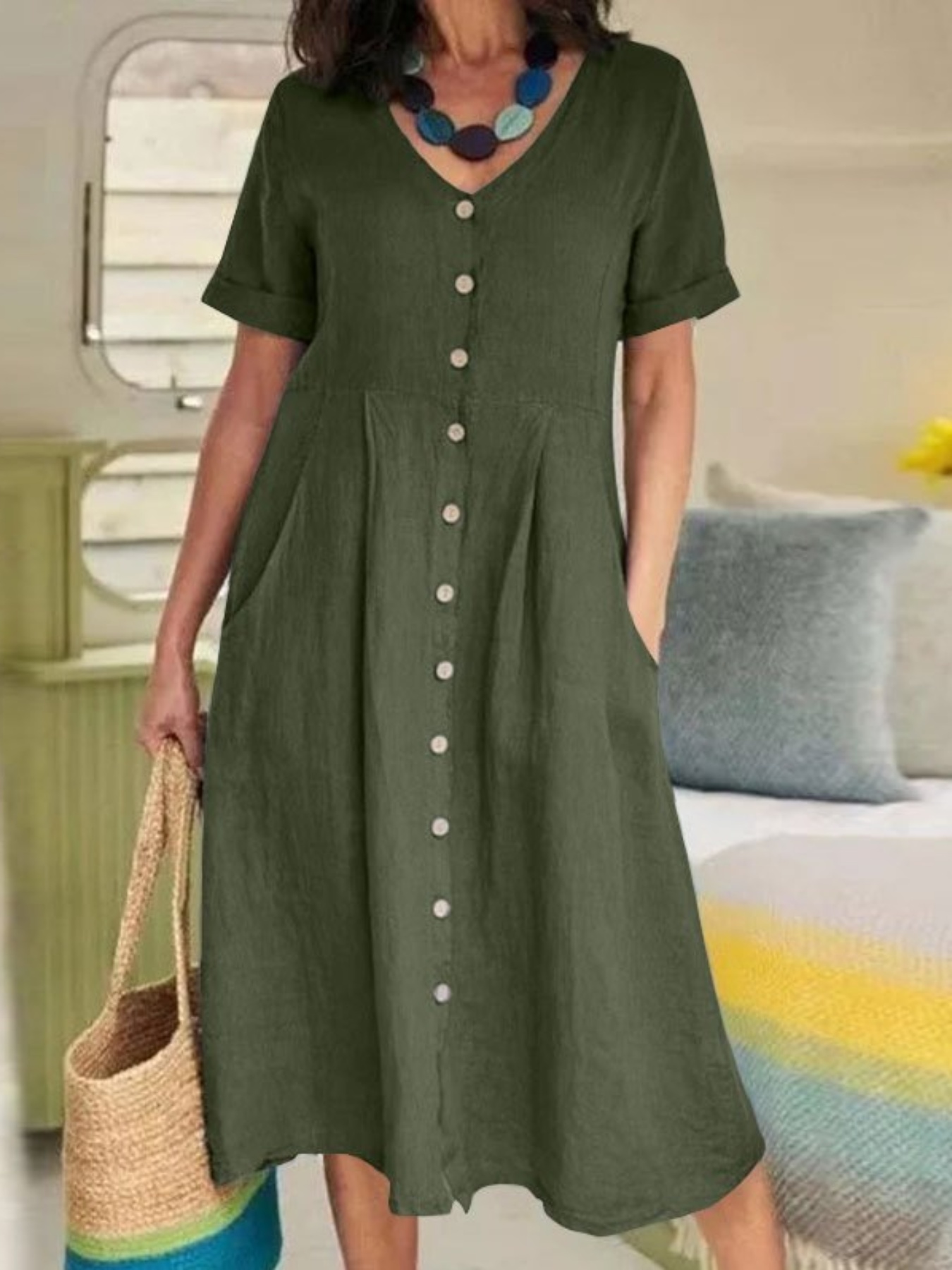 Women's Summer Casual A-Line Midi Dress - V-Neck Short Sleeve Button Front Pocket Dress, Breathable Loose Fit Machine Washable Solid Color for Casual
