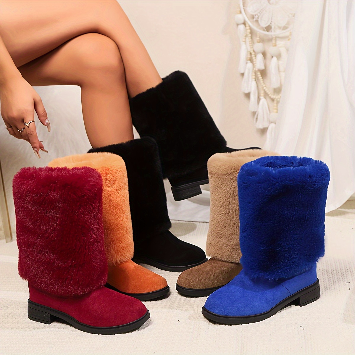 

Bottes mi-mollet moelleuses à enfiler pour femme, couleur unie, bout uni, talon plateforme, doublure en tissu confortable et chaud - Semelle TPR, talon moyen, spécial européen de Huizhou