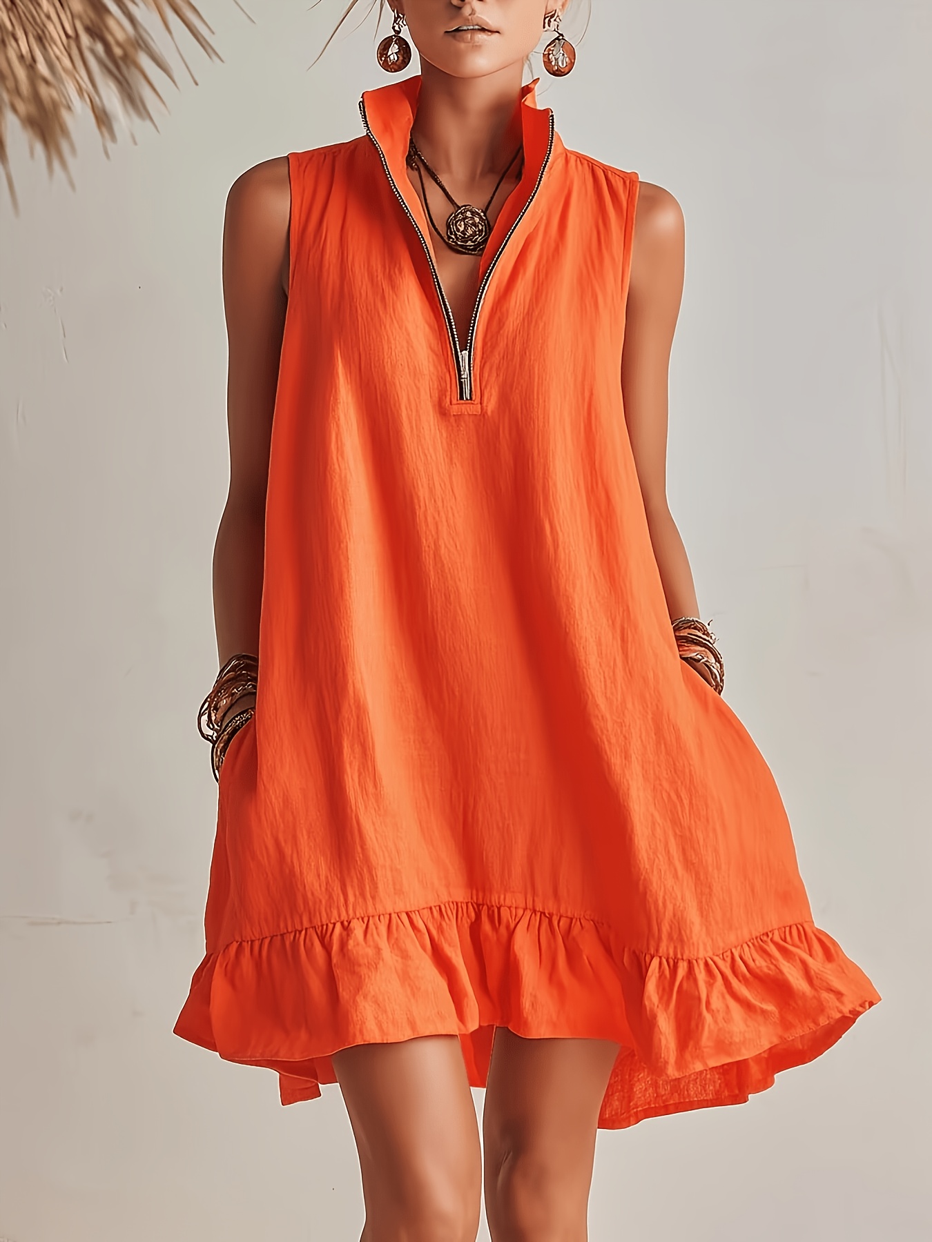 item picture 2026 summer new sleeveless dress womens loose stand up collar zipper ruffle a line skirt casual   short skirt