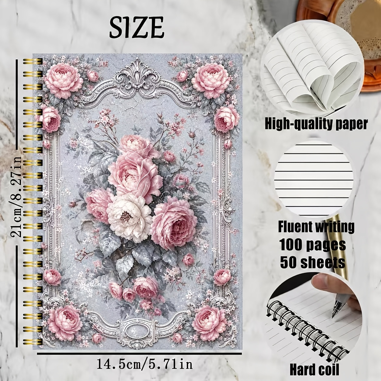 TEMU 1pc 50 Sheets 100 Pages Baroque European Floral Vintage Notebook With Pen, Portable Pocket Notebook, Gridded Notebook, Travel Journal, Office