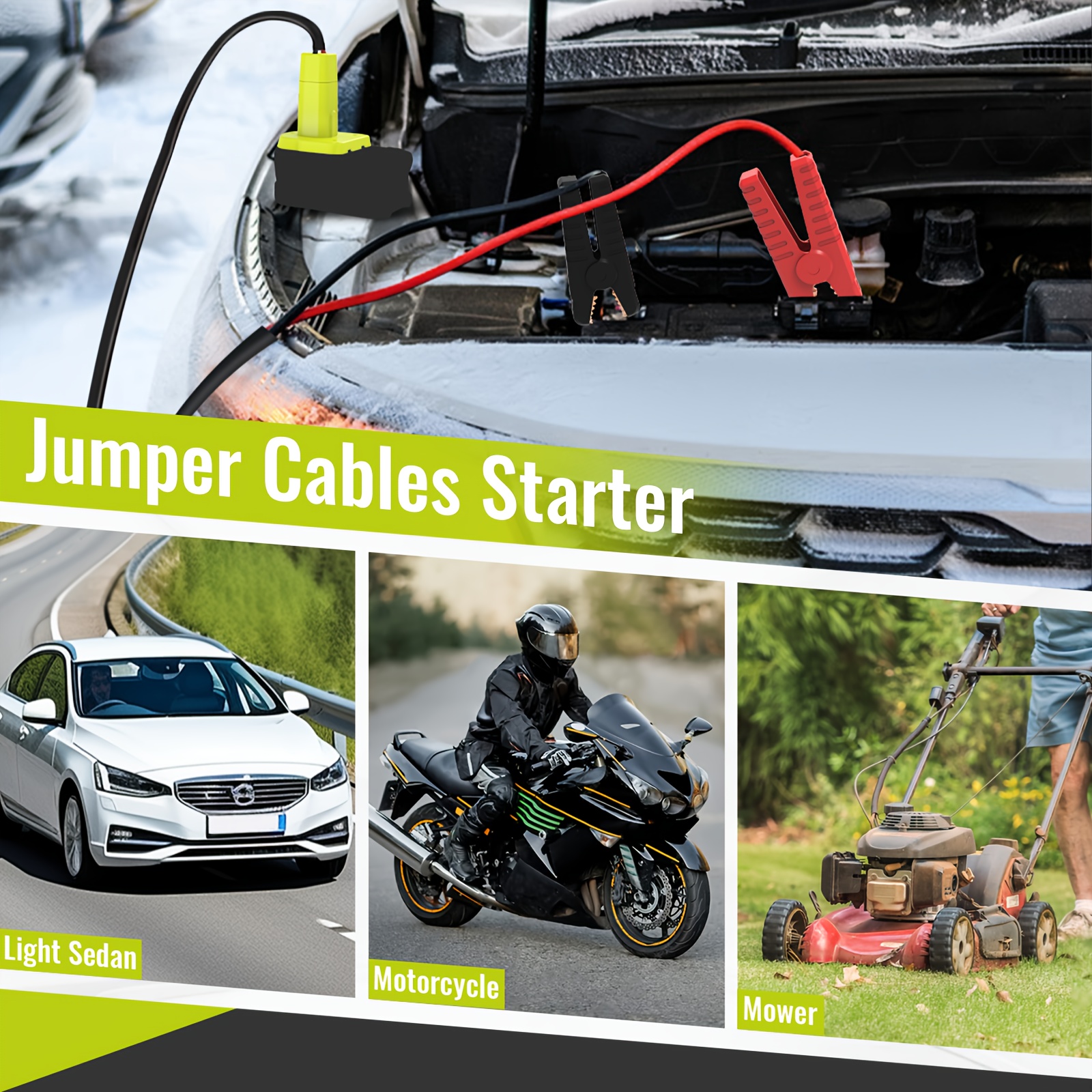Ryobi 18V Battery Jumper Cables Adapter - 2FT 8AWG Jump Starter For Cars, Motorcycles, Lawn Equipment