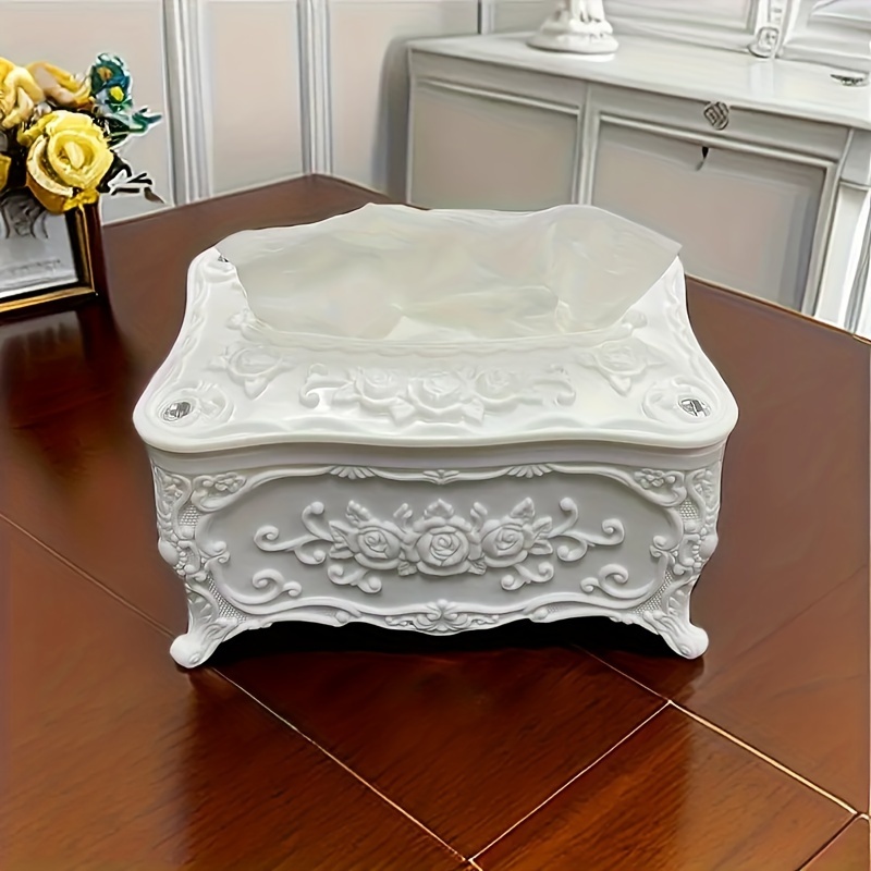

1pc European Style White Plastic Tissue Box, Elegant Floral Design For Kitchen, Living Room, Dining, Bathroom Vanity, Decorative Napkin Dispenser