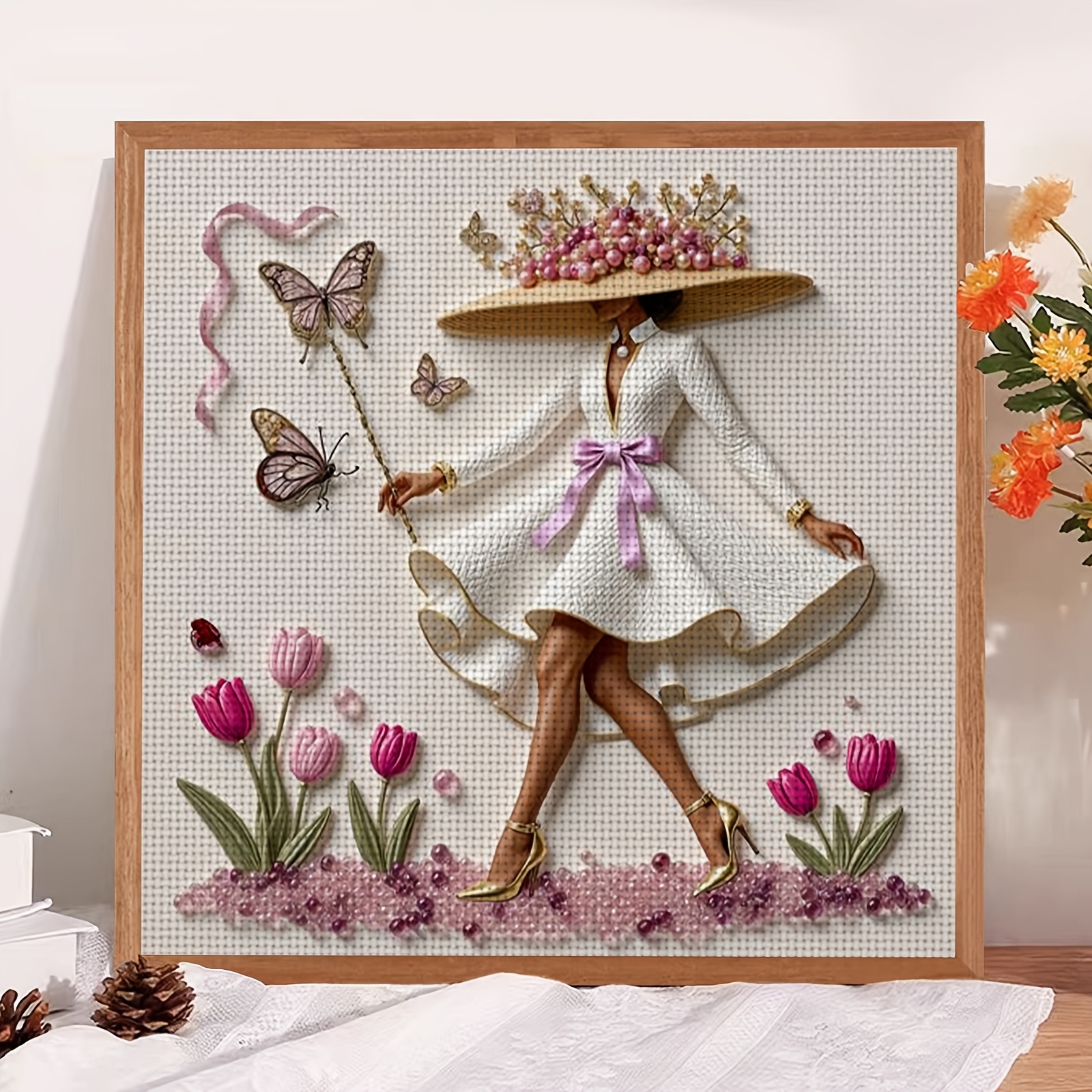 Cross Stitch Printed Kit, Frameless, "White Dress with Pink Flowers" Pattern