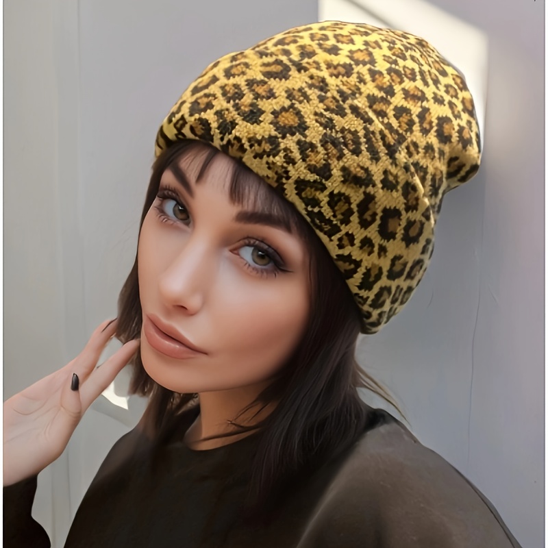 

[popular ] Women's Leopard Print Knit Beanie - Acrylic, Lightweight, Hand Washable, Non-stretch, Warm Fall/winter Earflap Cap With Cartoon Animal Theme