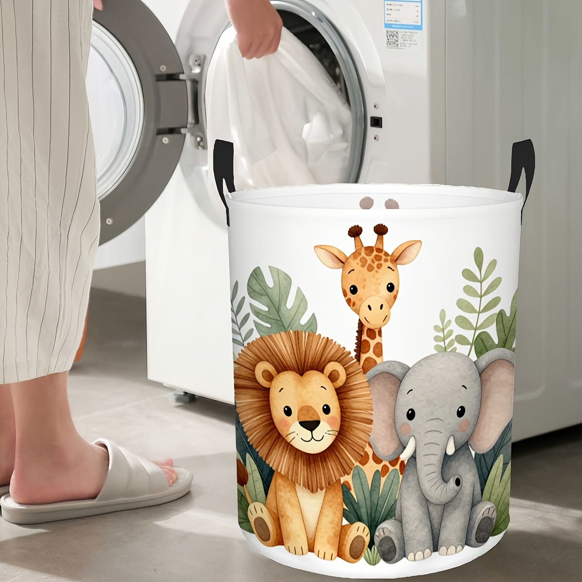 TEMU 1 Round Laundry Basket With Cute Cartoon Wild Animal Patterns, Featuring A Handle For . This Foldable Laundry Basket Is Spacious And Perfect For