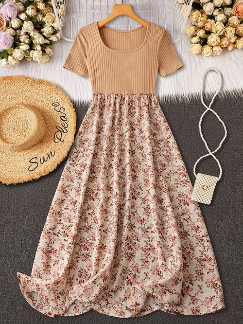 womens vintage floral print a line dress brown floral pattern machine washable formal everyday outfit elegant attire for women floral print dress summer fashion retro style breathable fabric